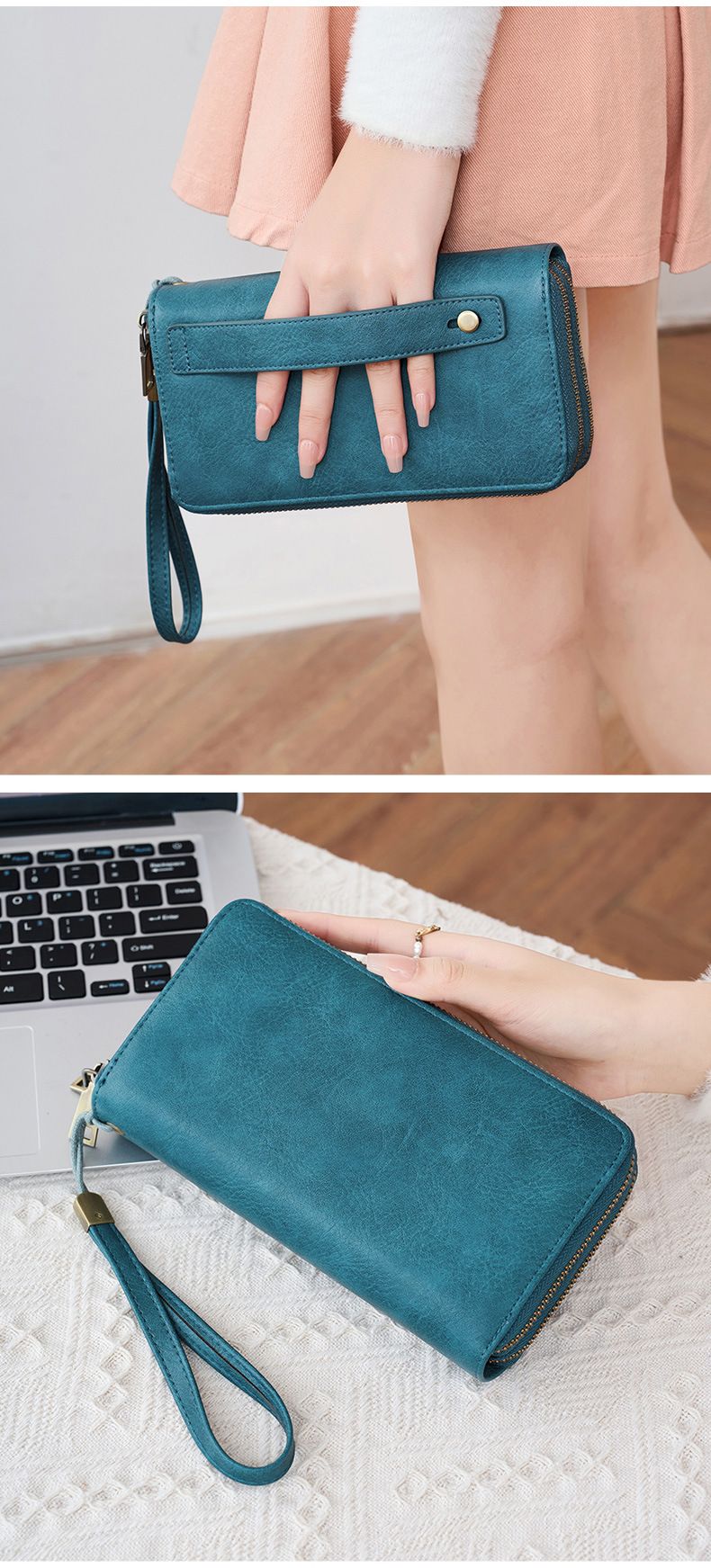 Herren-Geldbörse mit RFID-Schutz, Business-Geldbörse für Herren, modische Geldbörse mit Doppelreißverschluss, lange Geldbörse im Retro-Stil, große Kapazität, Damen-Clutch._voghion.com