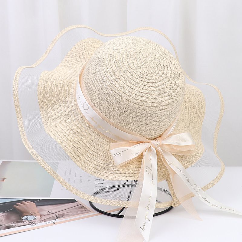 Sombrero de paja con ala ancha y lazo para mujer, sombrero de playa para exteriores, de verano, moderno, con parte superior redonda_voghion.com