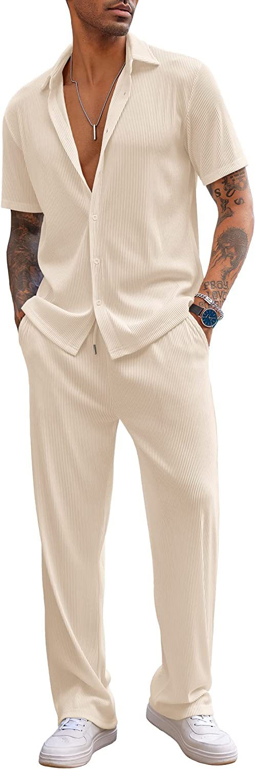 Calças compridas de manga curta de cor sólida masculina nova solta conjunto casual_voghion.com