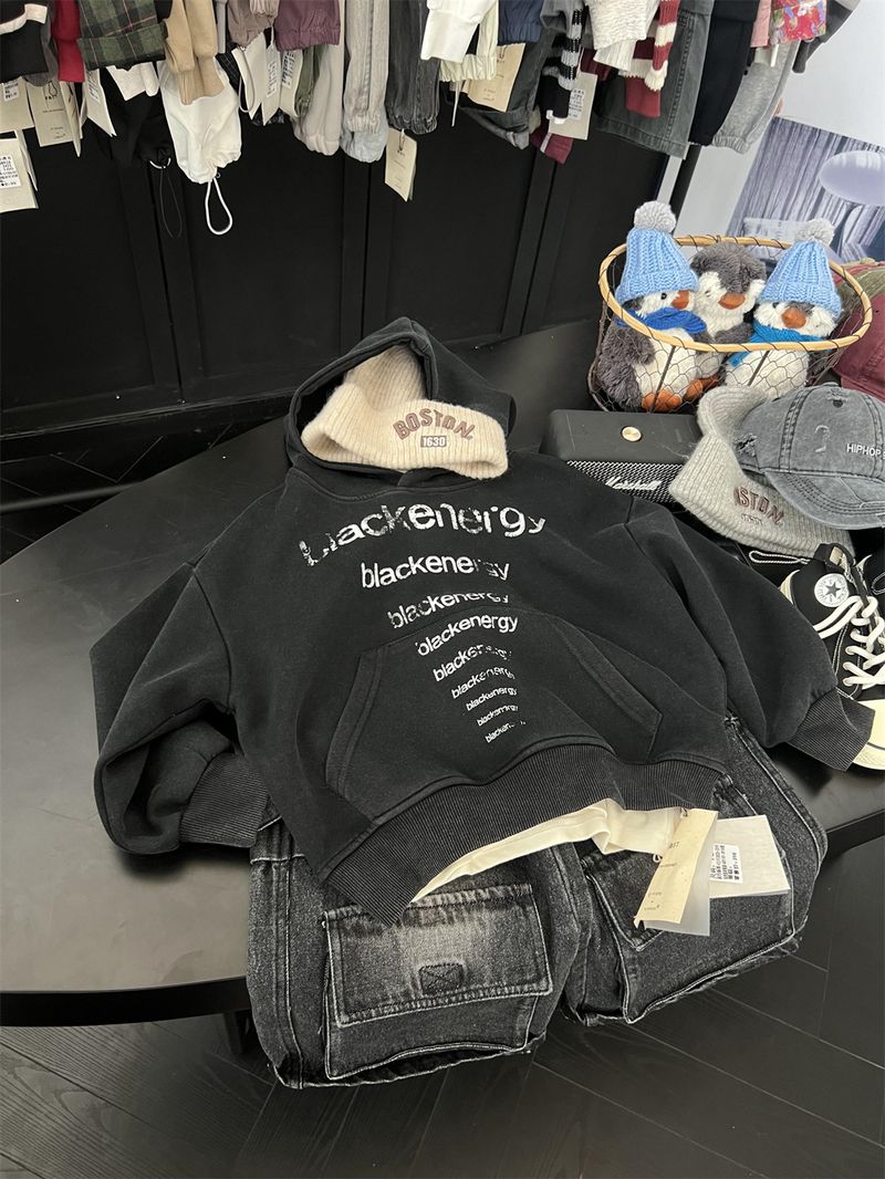 Boys And Girls American Vintage Letter Hooded Sweatshirt, Children's Trendy Cool Autumn Style Sand Washed White Pullover_voghion.com