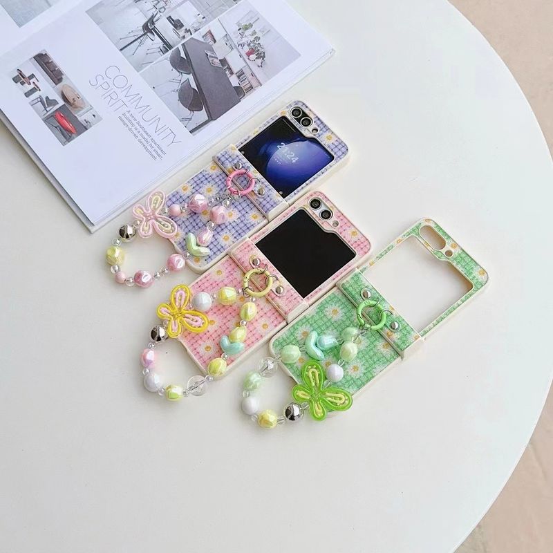 For Samsung Galaxy Z Flip 3 4 5 5G Flip4 Cute New Butterfly Flower Glitter Pearl Wrist Chain Strap Phone Case Cover_voghion.com