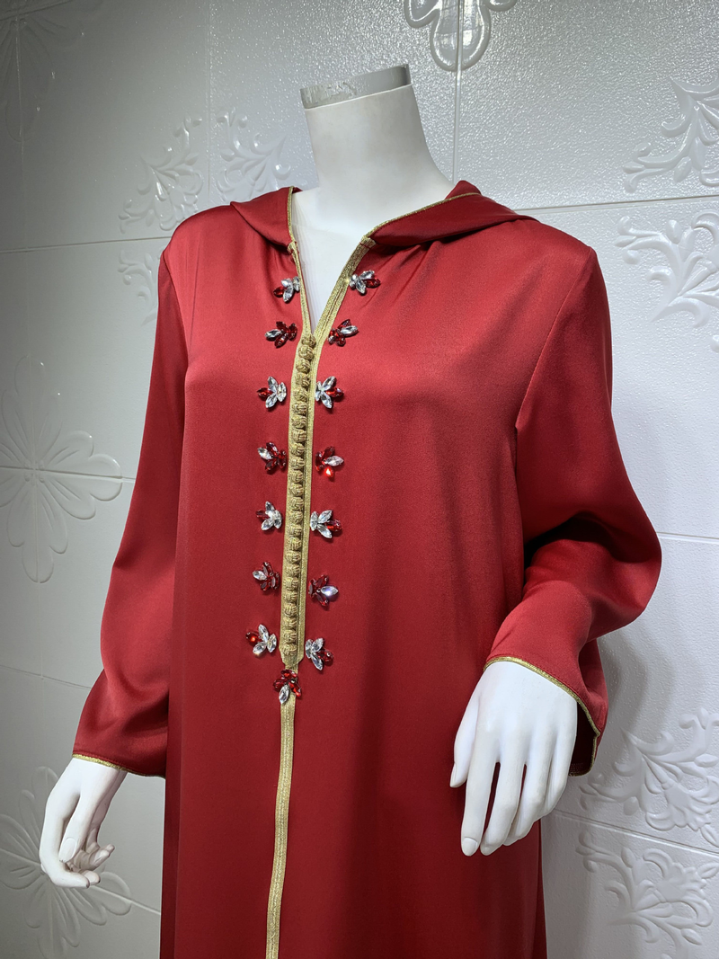 Vestido muçulmano feminino de cetim com contas abaya Dubai leve vestido de noite étnico luxuoso_voghion.com