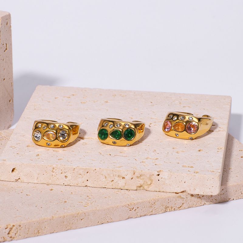 Elegante anello aperto regolabile in acciaio inossidabile con diamanti colorati placcato oro, semplice gioiello_voghion.com