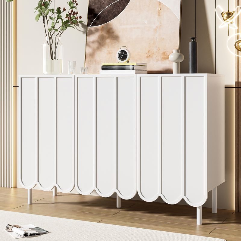 Buffet blanc moderne avec portes ondulées, 120 x 35 x 80 cm, design sans poignées, étagères réglables, meuble de rangement pour salon, couloir et salle à manger._voghion.com