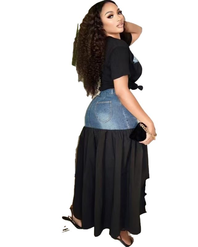 Traje de dos piezas con falda vaquera y camiseta de color contrastante para mujer_voghion.com