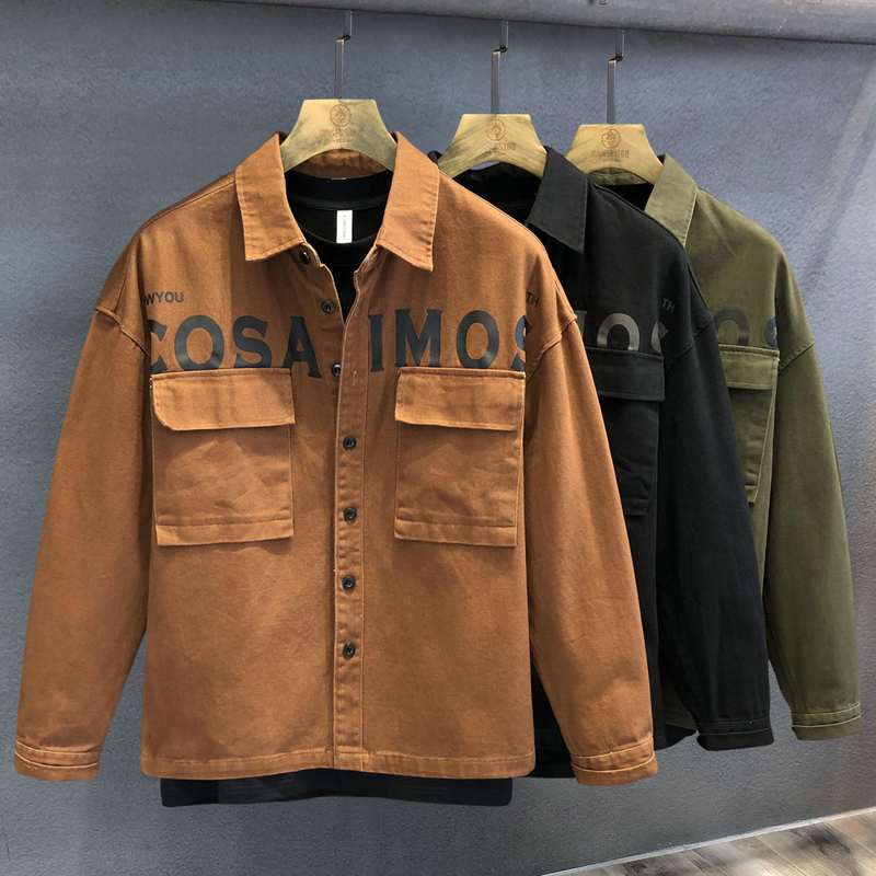Vintage tung märke cargo skjorta herr vår och höst lös skjorta Amerikanska mäns fritidskläder_voghion.com