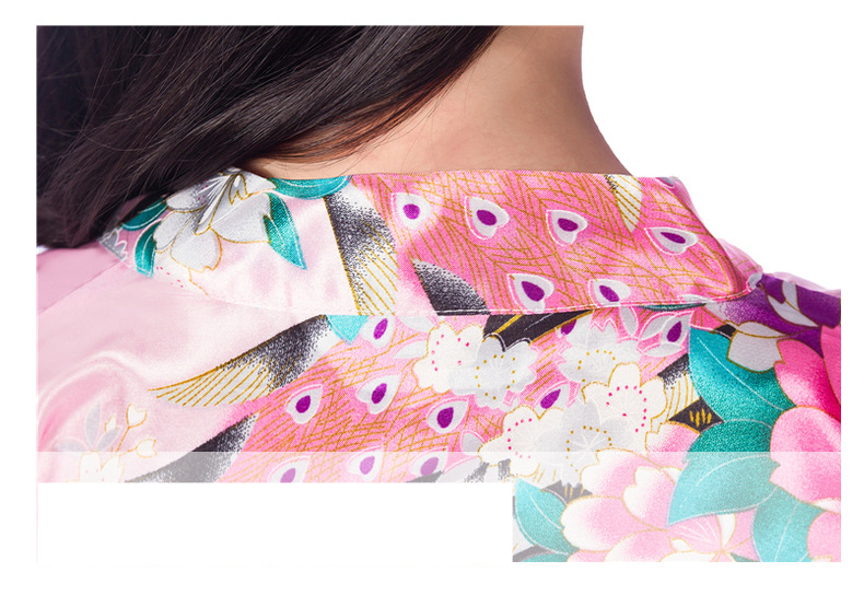 Women's clothing girl printed peacock peony long nightgown bathrobe summer thin imitation silk children's home cardigan robe_voghion.com