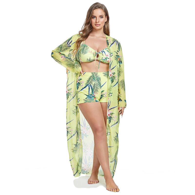 Large size swimsuit cross-border bikini print beach sun protection shirt cover up European and American swimsuit three piece set_voghion.com
