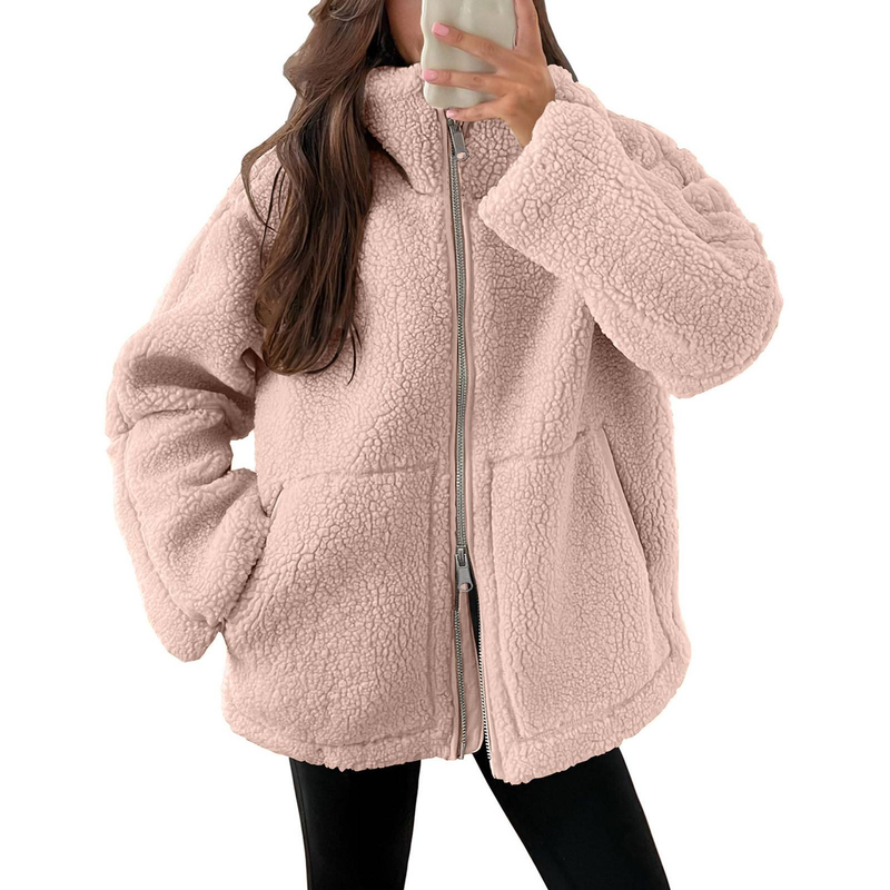 Winter Chic Mädchen Lamm Fleece Damen Kurze Jacke Reißverschluss Langarm Tasche Warmer Mantel Mode High Street Weibliche Oberbekleidung_voghion.com