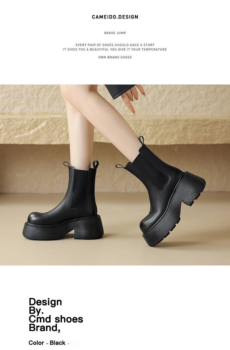 cameido British-style thick-soled boots for women, women's cuffed sleeve boots with elastic openings, chimney boots for 2024_voghion.com