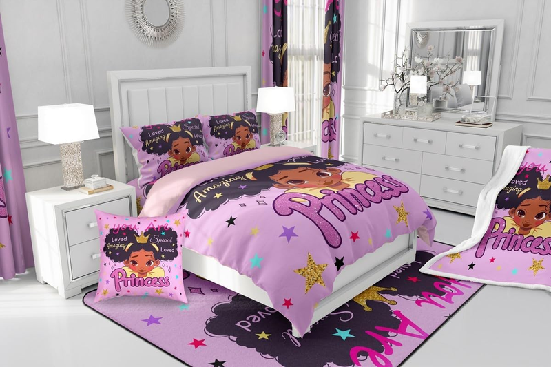 Set di biancheria da letto per bambina nera, copripiumino da principessa sognante, copripiumino con citazioni ispiratrici per ragazza afroamericana, arredamento per la camera da letto, biancheria da letto rosa_voghion.com
