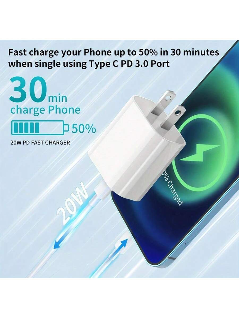 Adaptador de corriente USB-C rápido dual de 20 W: carga rápida, puerto dual, cable tipo C de 1,8 m, compatible con iPhone 15 y iPad._voghion.com