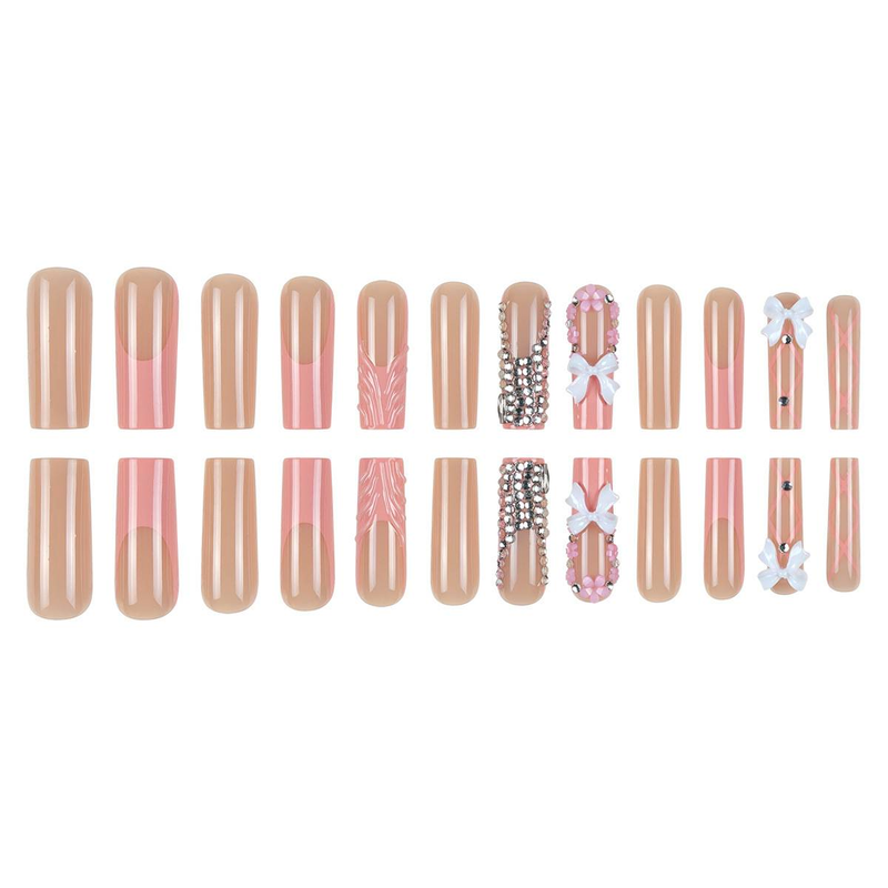 3D Long False Nails With Bow & Floral Design - Glitter Press On Nails For Women - Reusable Stick On Nails (Glue/Adhesive Tabs Options)_voghion.com