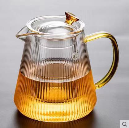 Hand-Painted Striped Glass Teapot With Bamboo Tray - Japanese Minimalist Style Heat-Resistant Tea Brewer (500ml/800ml/1000ml)_voghion.com