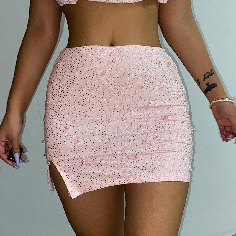 Gestrickte Perlen Square Neck Langarm und Short Set Frühling Damenmode Sexy Crop Top Rock_voghion.com