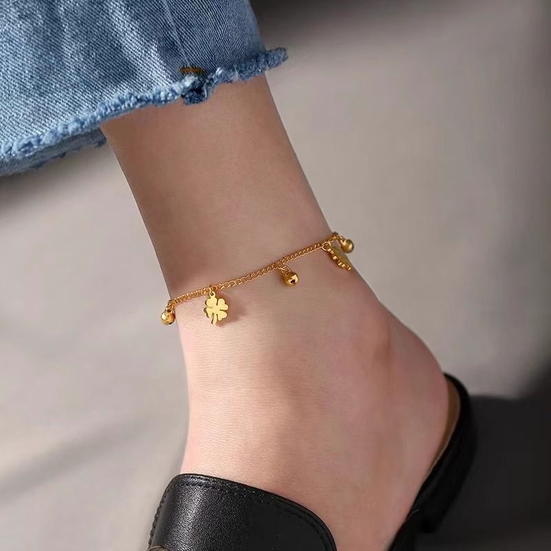 Titanium Steel Bracelet Four-Leaf Clover Bell Anklet For Women, Sound-Activated, Ancient Style, Ins Niche Design,_voghion.com