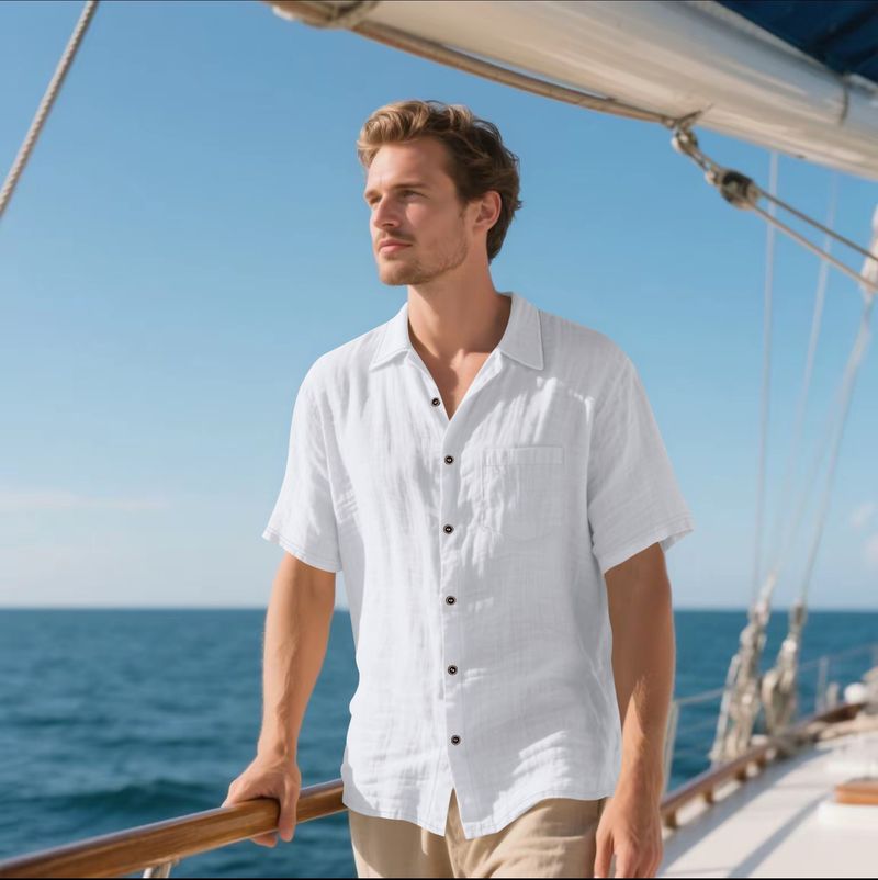 Camicia da uomo in lino a maniche corte, casual, traspirante, con bottoni, per le vacanze estive in spiaggia, con tasche_voghion.com