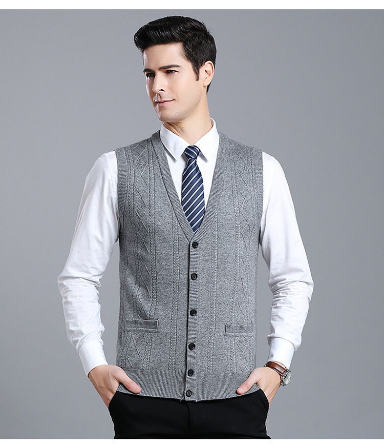 Herren-Strickjacke aus Wollmischung mit V-Ausschnitt, Cardigan-Pullover, Colorblock, lässig, ärmellos, für alle Matches_voghion.com