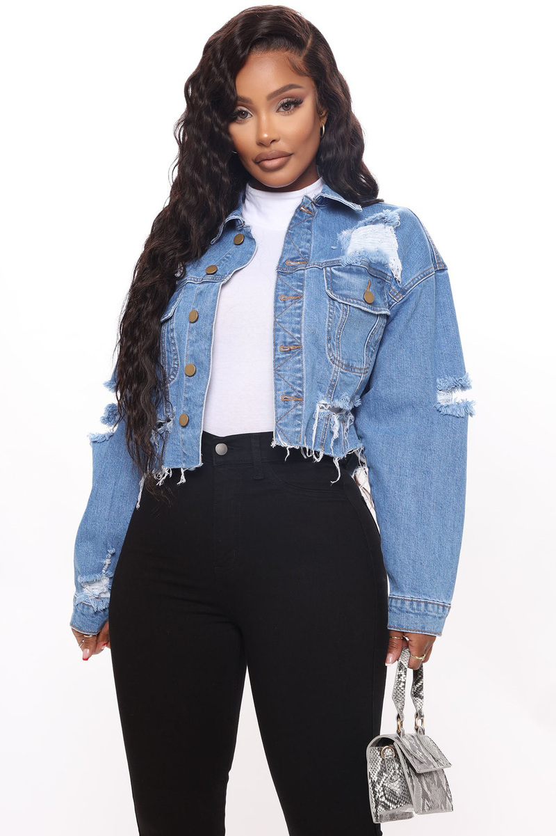 Yırtık denim kısa üst tek ürün yıkanmış uzun kollu yaka denim ceket_voghion.com