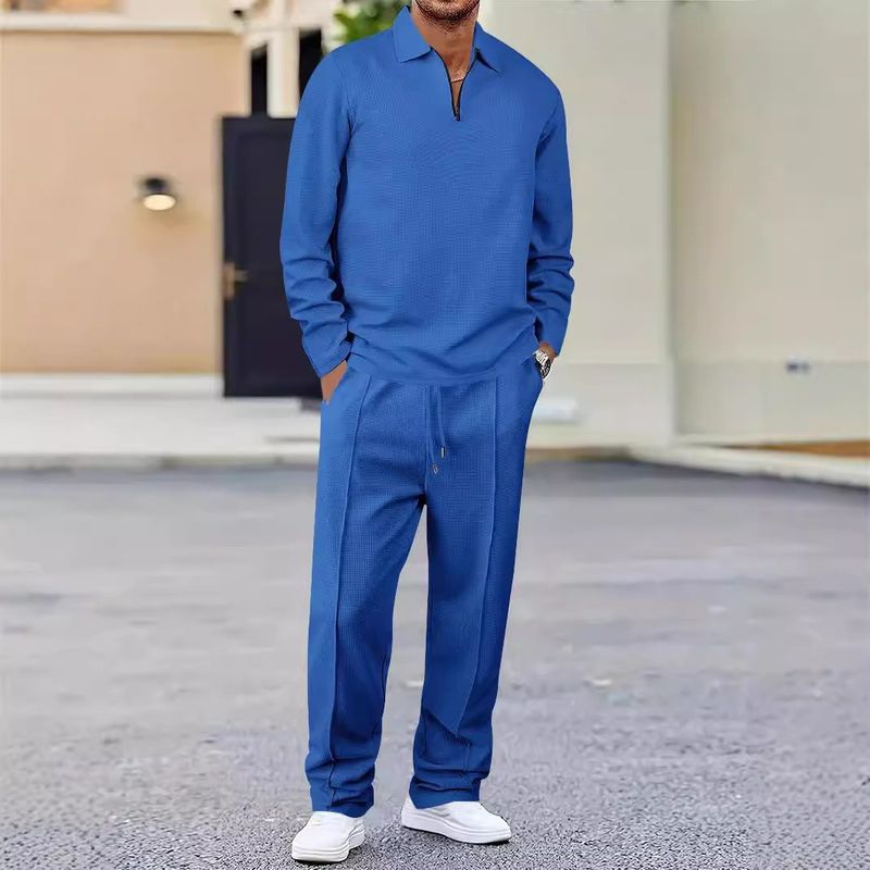 Men's Waffle Knit Half-Zip Polo Shirt & Long Pants Casual Set - Lightweight Comfort, Breathable Fabric, Stylish Autumn Outfit_voghion.com