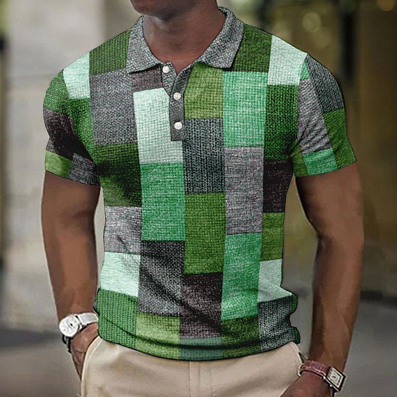 Men's Button-down Polo Shirt Plaid Pattern Turn-down Collar Trendy 3D Digital Print Short Sleeve Loose Casual Simple_voghion.com