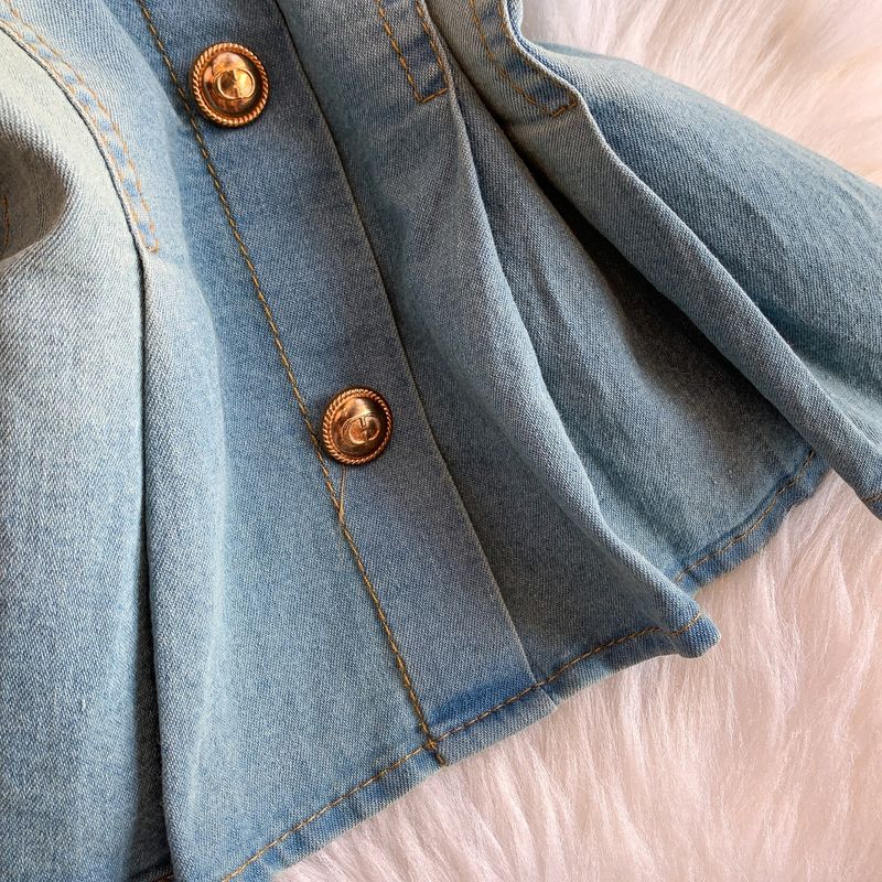 Women's Clothing Elegant Two-Piece Denim Set - Square Neckline With Puff Sleeves & High-Waisted Ombre Skirt (Light Blue, S/M/L/XL)_voghion.com