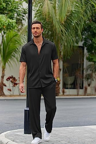 Calças compridas de manga curta de cor sólida masculina nova solta conjunto casual_voghion.com