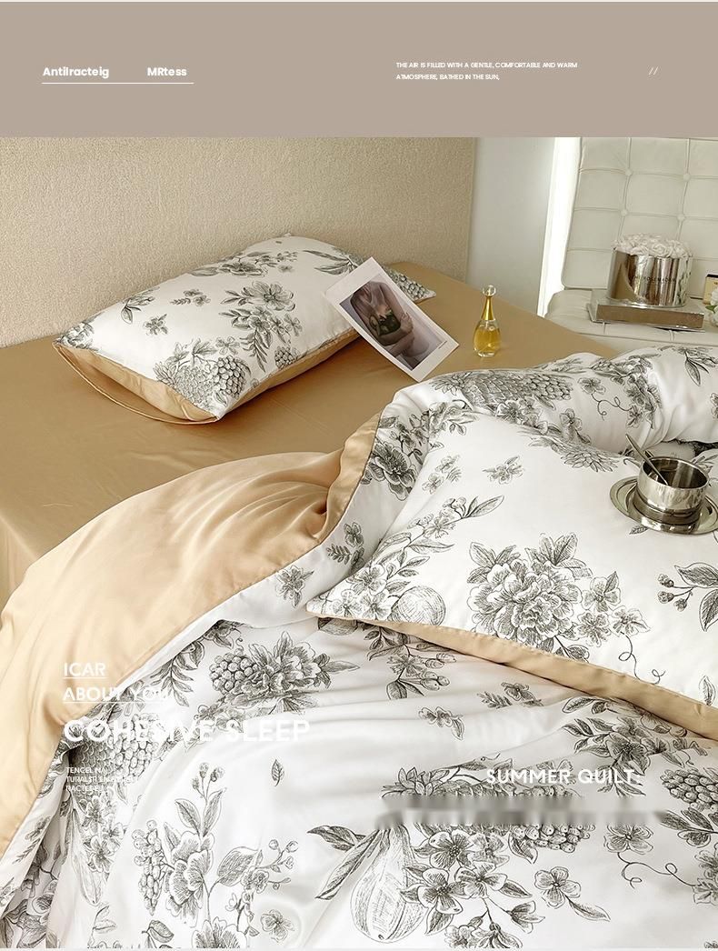 Copripiumino letto in Lyocell Tencel di lusso leggero, stile pastorale americano, anni '10, set da quattro pezzi per dormire nudi, sensazione di freschezza._voghion.com
