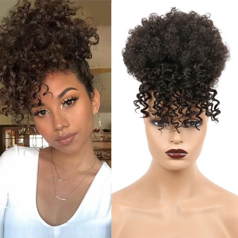 Zwarte korte kinky krullende chignon met pony Synthetische haarknot Trekkoord paardenstaart Clip in Afro Puff haarstukken voor vrouwen_voghion.com