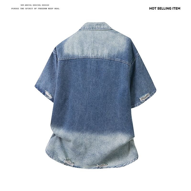 Men's Clothing Summer New Embroidered Washed Denim Shirt Men's Short Sleeved Shirt Jacket_voghion.com