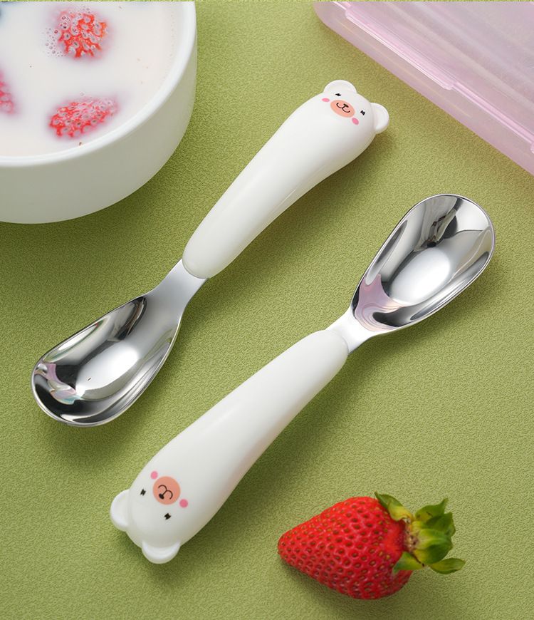 Colher de treinamento para alimentação infantil em aço inoxidável 316, urso de pelúcia de duas cores, suprimentos para mães e bebês_voghion.com