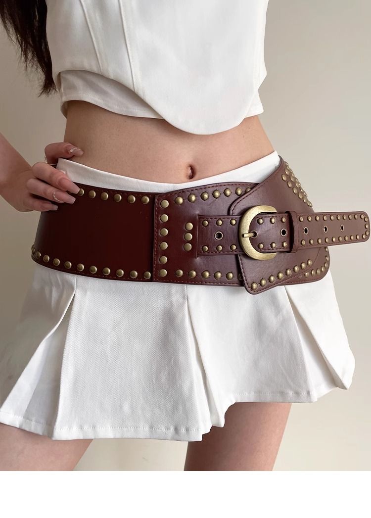 Women's Wide Belt Retro High-end Fashion All-match Decorative Fashion Dress Trendy Rivet Punk Style Belt_voghion.com