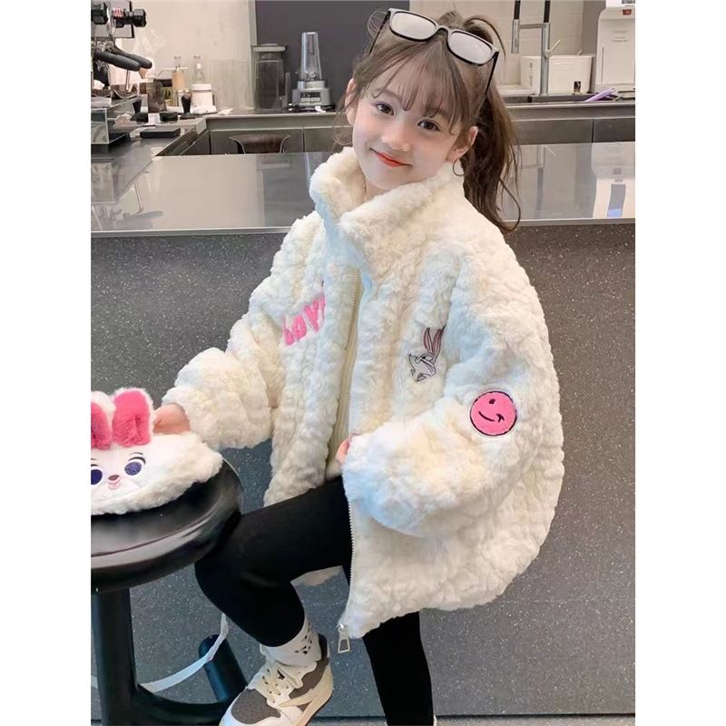 Cappotto autunnale per bambine 2025 Nuovo cappotto invernale per bambini in pile spesso con pelliccia di visone sorridente e coniglio_voghion.com
