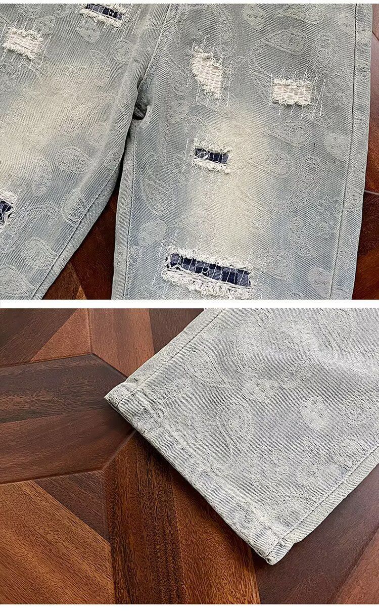 Jean décontracté patchwork effet usé pour homme, imprimé cachemire, coupe droite, coupe impeccable, pour le printemps et l'automne._voghion.com