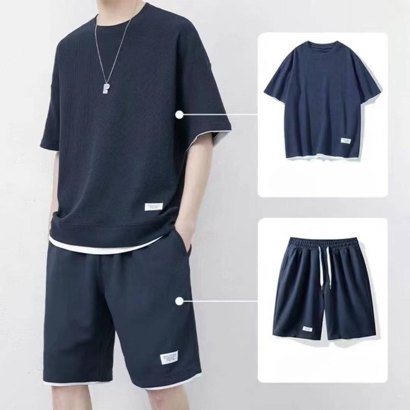 Herreshorts i issilke, todelt sportsdragt, løs, åndbar, vaffelmønstret T-shirt med korte ærmer_voghion.com