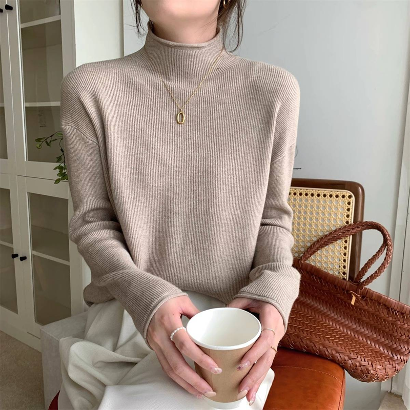 Large size chubby mm autumn new women's knitted shirt with half high collar, loose fit, long sleeved bottom, warm and slimming top_voghion.com