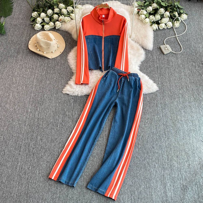Women's Clothing Street Casual Suit Women Autumn New T Shirt Side Striped Top + Wide Leg Pants Two Piece Suit_voghion.com