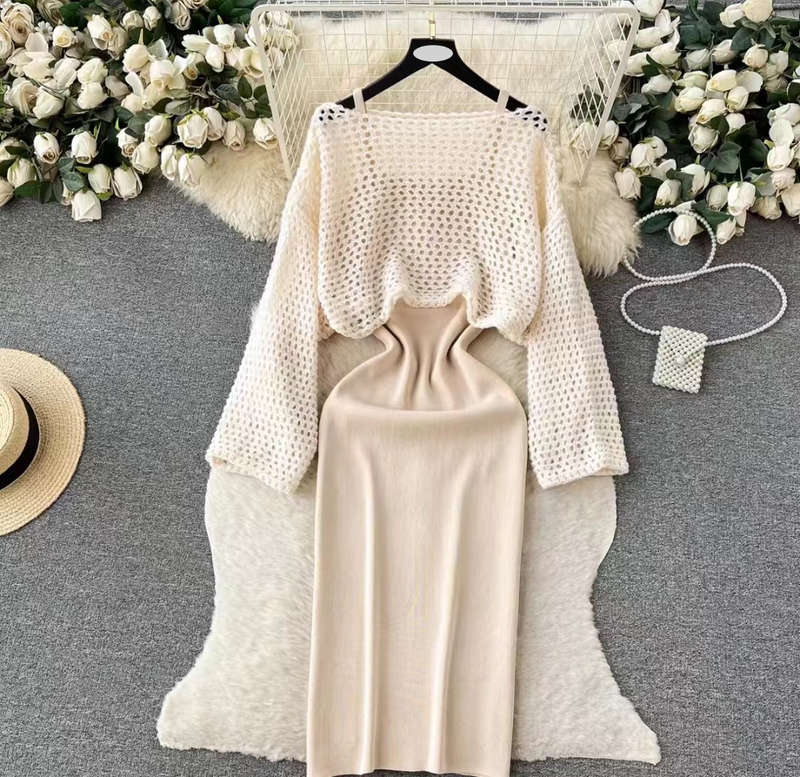 Damenbekleidung Große Größe Fett Mm Frühherbst Neuer Anzug Hohle Strickjacke + Sanfte V-Ausschnitt Hosenträger Strickweste Langer Rock_voghion.com