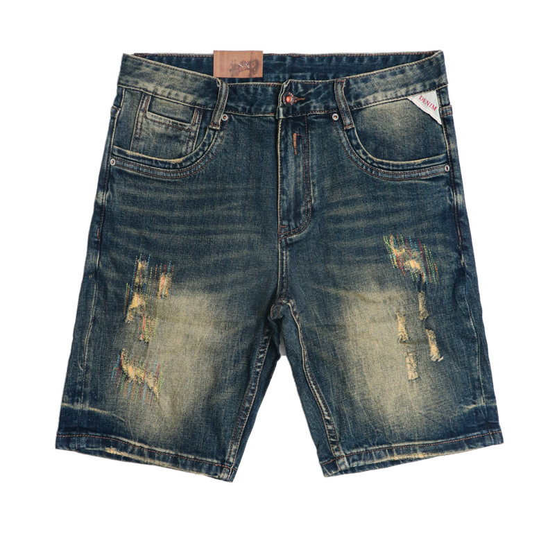 Ropa para hombre, pantalones vaqueros desgastados retro de verano, pantalones cortos de mezclilla de estilo urbano que combinan con todo y ligeros agujeros elásticos._voghion.com