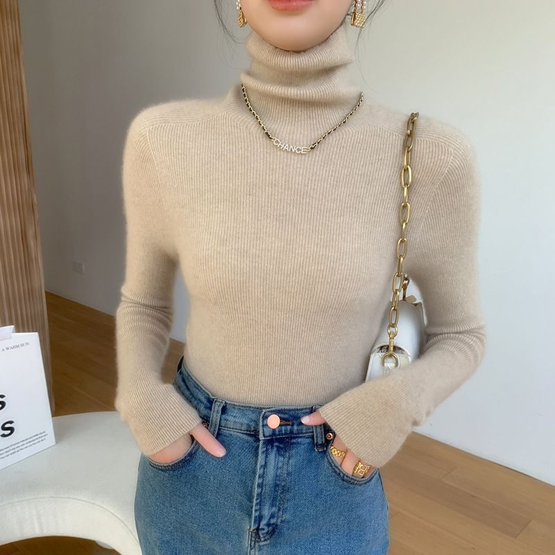 Women's Semi-Turtle Neck Knit Sweater - Core-Spun Yarn Fabric, Warm Winter Pullover, Slim Fit Long Sleeve Top For Layering, Elegant & Versatile_voghion.com