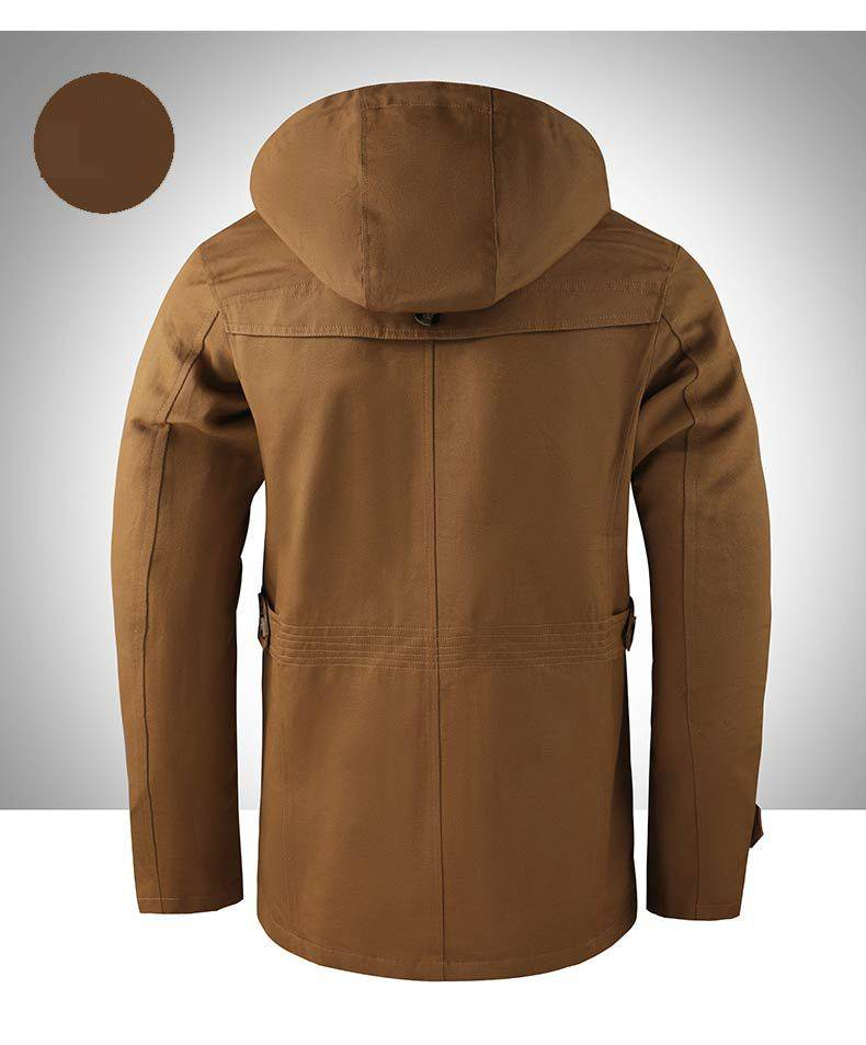 Men's Longline Washed Cotton Hooded Jacket - Vintage Workwear Style Windbreaker With Button Details, Slim Fit Casual Coat_voghion.com