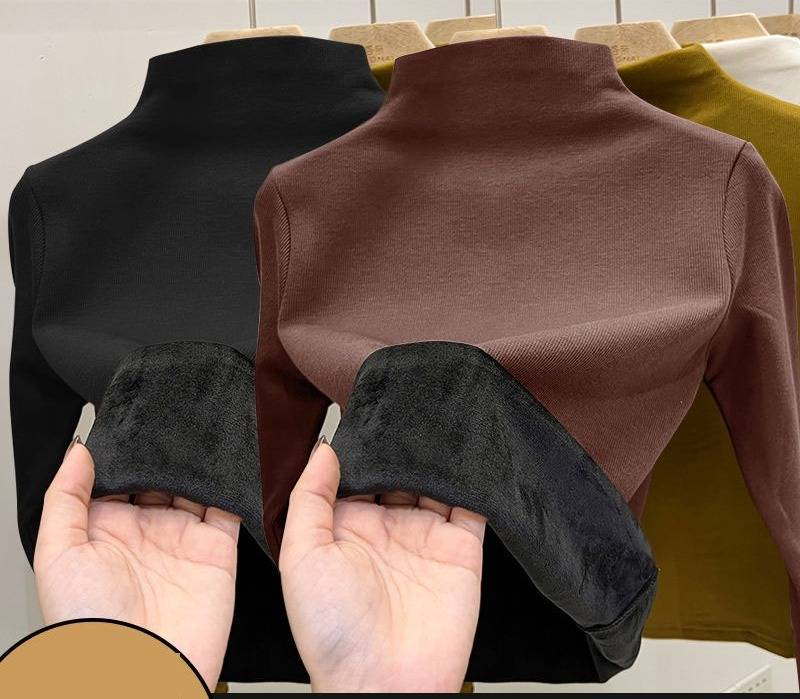 Maglietta a collo alto da donna con fodera in pile termico - Strato di base caldo invernale con pile di volpe argentata, maglia a maniche lunghe attillata per il freddo_voghion.com