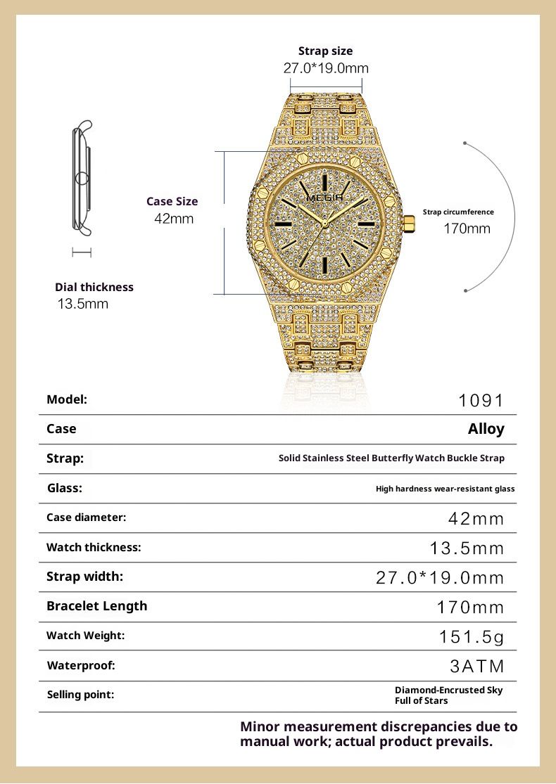 Reloj MEGIR para hombre estilo hip hop con bisel de diamantes, correa de acero inoxidable, resistente al agua, indicador de fecha, movimiento de cuarzo - Plata/Oro_voghion.com