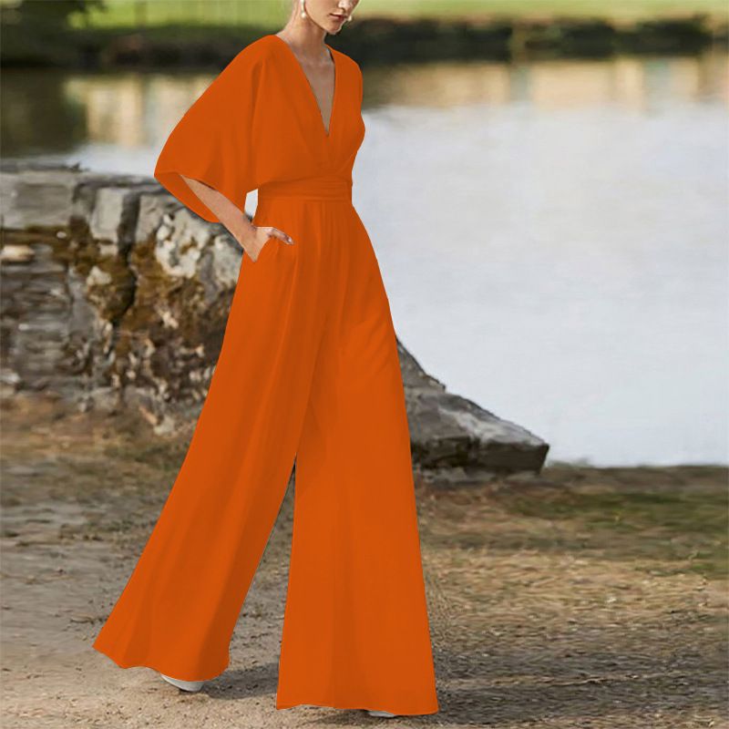 Damesjurk Jumpsuit Hot Sale Diepe V-broek met hoge taille en wijde pijpen_voghion.com