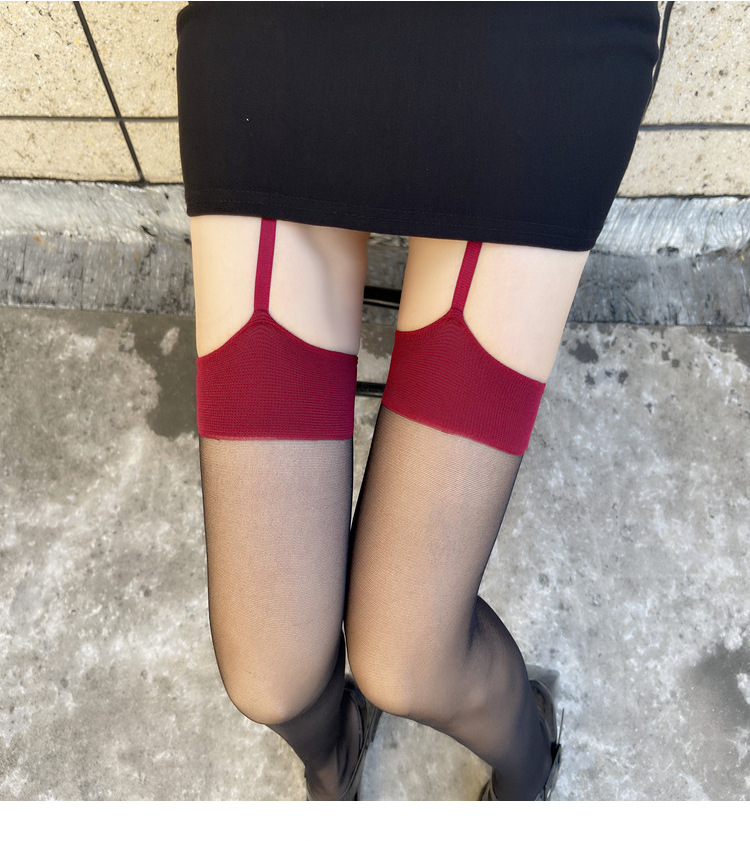 Rote Damenstrümpfe mit reiner Lust, kontrastierender roter Rand, schwarze Strümpfe, sexy ultradünne Anti-Snatch-Strümpfe_voghion.com