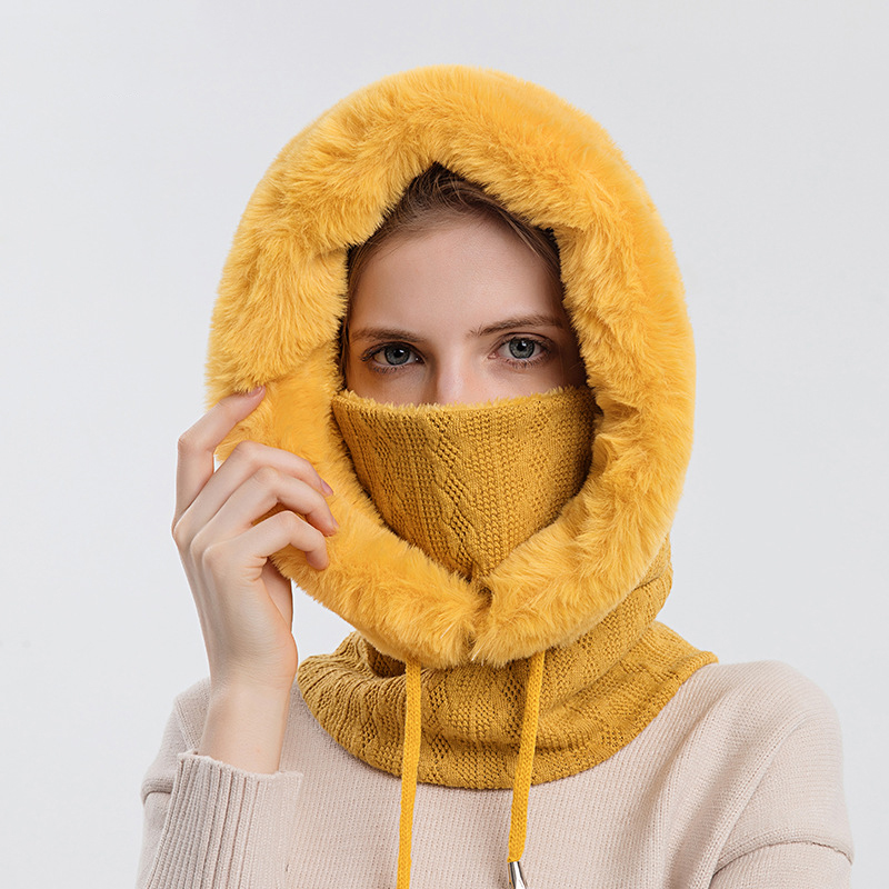 Winter Fur Cap Mask Set Hooded For Women Knitted Thick Plush Fluffy Beanies Cashmere Neck Warm Outdoor Ski_voghion.com