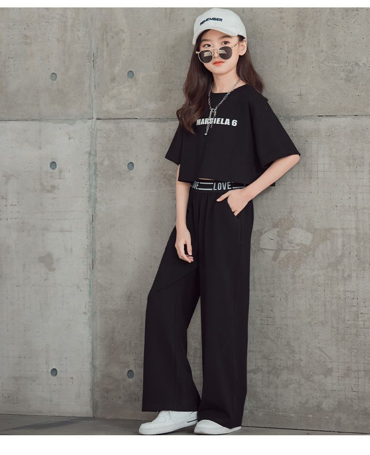 Girls' 2023 summer new item, Zhongda stylish Korean version, children's short sleeved top, wide leg pants two-piece set_voghion.com