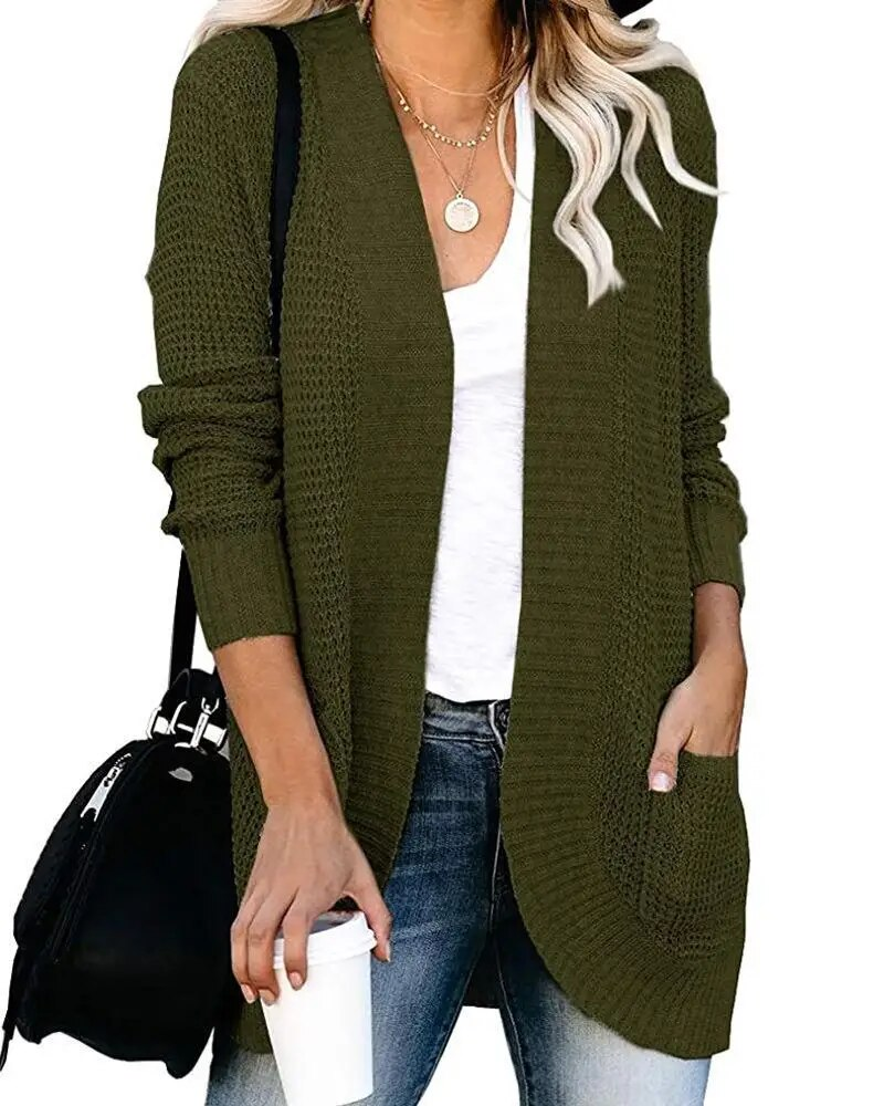 Vrouwen Gebogen Knoopsluiting Grote Zak Trui Vest V-hals Gebreid Vest Effen Open Winter Warme Truien Met Lange Mouwen_voghion.com