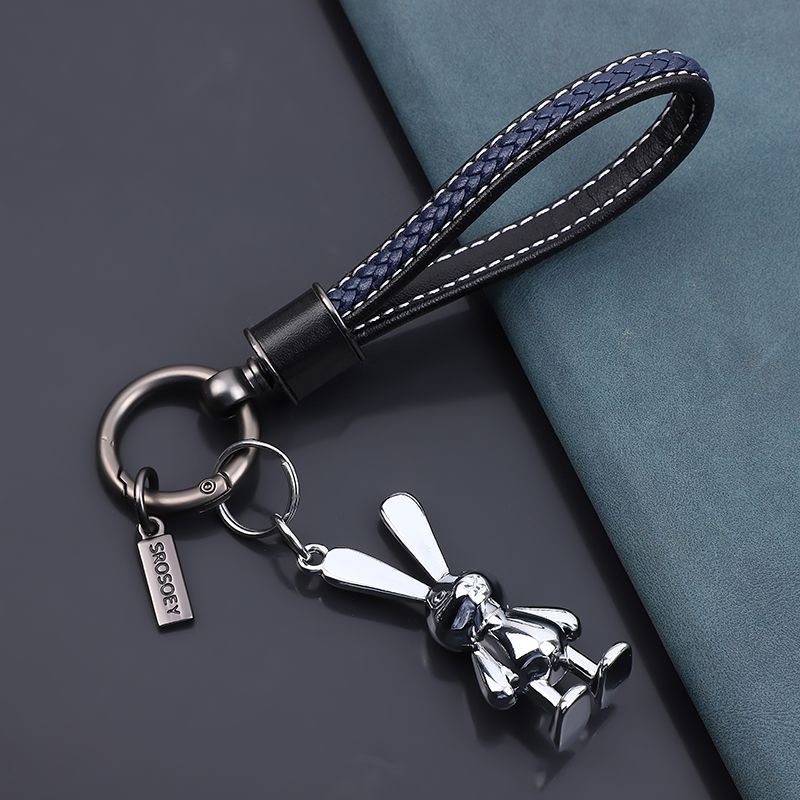 Porte-clés de voiture en cuir de vache, petit lapin, pendentif tridimensionnel, dessin animé, mignon, pour femme, personnalité, couple, sac_voghion.com