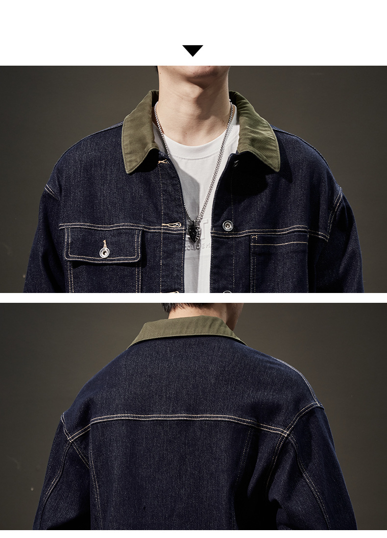 Herbst Herrenjacke Revers Jeansjacke Herrenmode Jugend Blau Modemarke Lose Primärfarbe Jeansoberteil_voghion.com